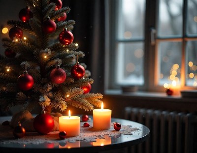 Red ornamented christmas tree by a window