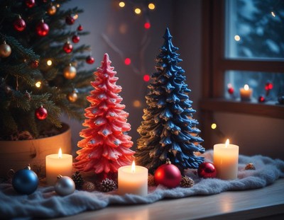 Festive candles and christmas trees decorate a room