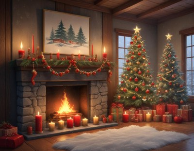 Cozy christmas living room with trees and candles