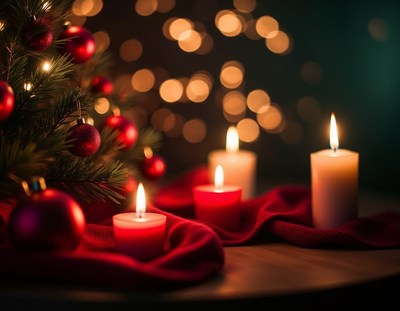 Burning candles on a table near a christmas tree