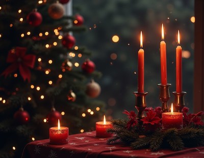 Candles glow on a table near a christmas tree