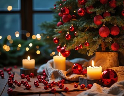 A decorated christmas tree stands beside lit candles