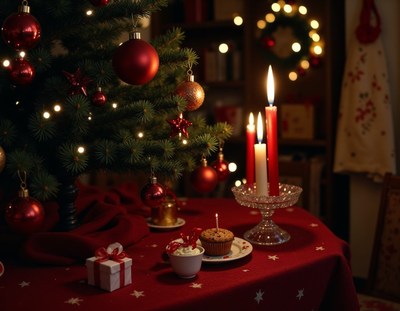 Festive gathering with a tree and lit candles