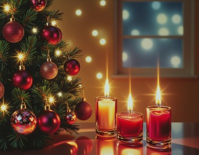 A tree with red ornaments by three lit candles