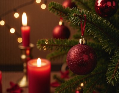 A red, sparkly ornament hangs from a christmas tree branch