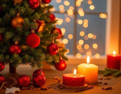 A glowing tree with red ornaments shines by a window