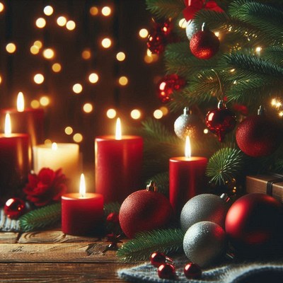 Red candles and ornaments decorate a festive table