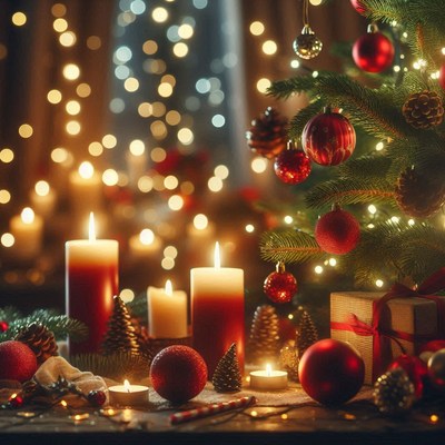 Candles glow near a christmas tree