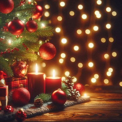 A christmas tree with ornaments and lights by candles