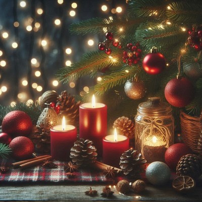 Candles glow under a christmas tree