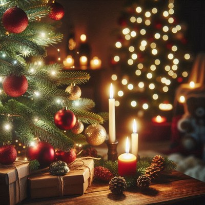 A decorated christmas tree with gifts and candles