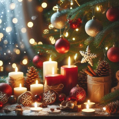 Candles glow near a decorated christmas tree