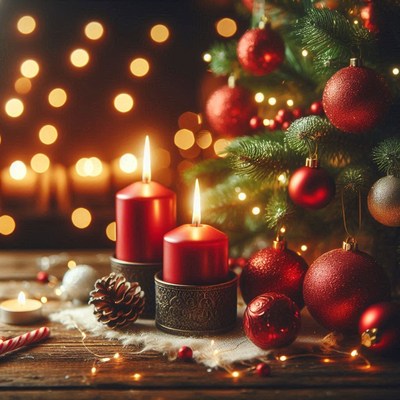 Two red candles burn brightly beside a christmas tree