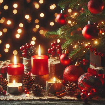 Red candles glow near a christmas tree
