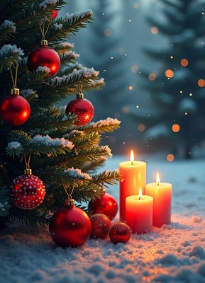 A snowy christmas tree with ornaments and lit candles