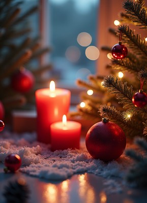Red candles and ornaments glow near a christmas tree