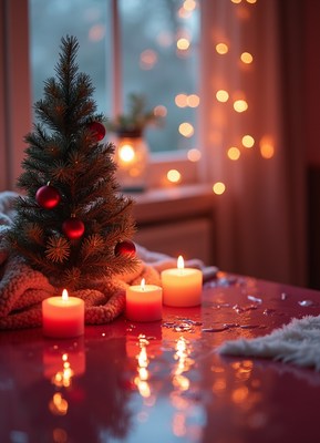 A small tree on a table with candles and a blanket