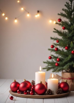 Red ornaments and burning candles surround a pine tree