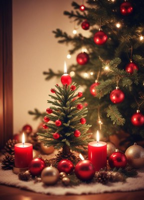 A small christmas tree is lit with candles
