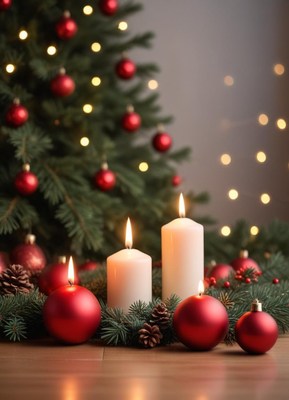 Three candles glow brightly in front of a christmas tree