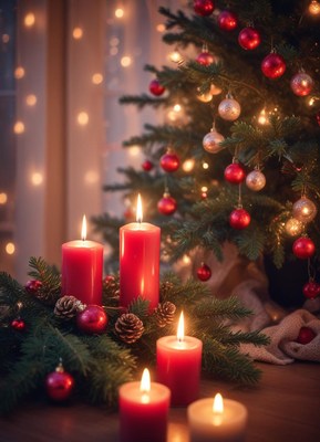 Red candles glow near a decorated christmas tree