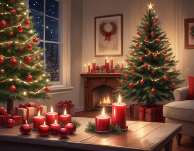 Two christmas trees by a lit fireplace and candles