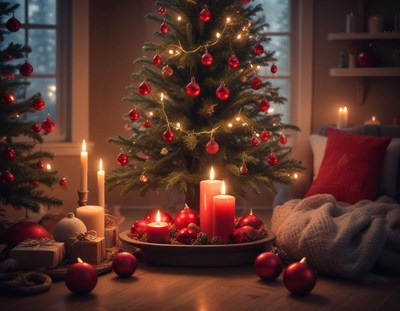 A cozy christmas scene with a decorated tree and lit candles