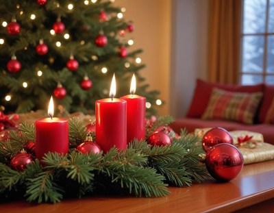 Three candles burn in a festive arrangement