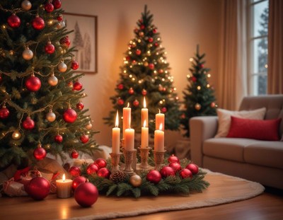 Cozy living room with 3 christmas trees and candles