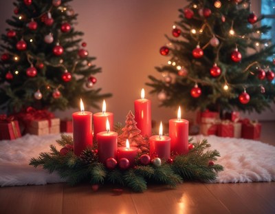 Red candles glow in a christmas wreath