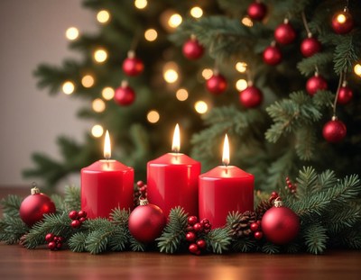 Three candles lit in front of a christmas tree