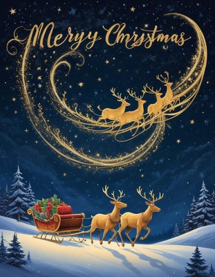 Red sleigh with reindeer soars through night sky