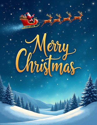 Santa flies over a snowy landscape on christmas eve