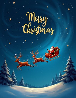 Santa claus flies through the night sky on christmas eve