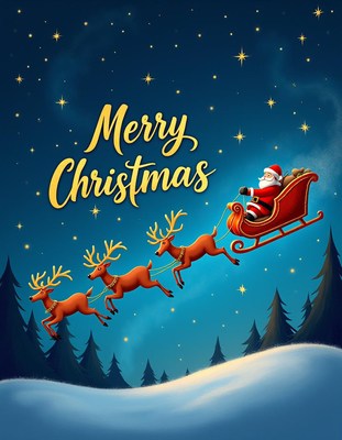 Santa claus flies through the night sky