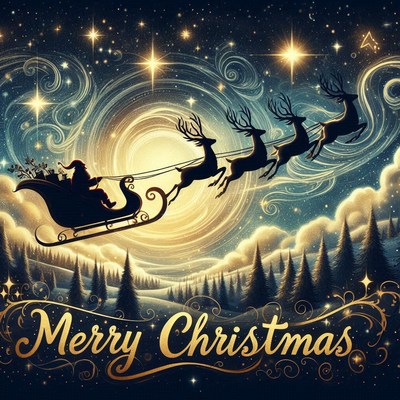 Santa flies through the night sky with his reindeer