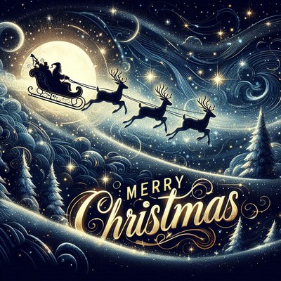 Santa soars through a starry sky in his sleigh