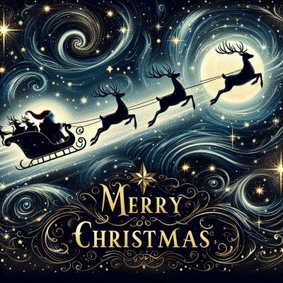 Santa soars through the starry night in his sleigh