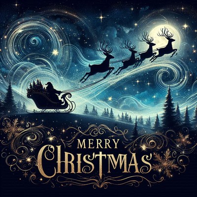 Santa flies through a starry night sky on christmas eve