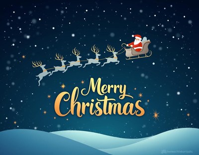 Santa flies through a snowy night sky