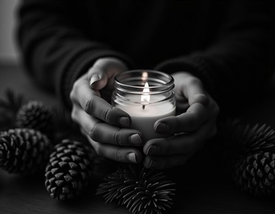Hands hold a lit candle among pine cones