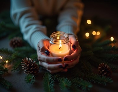 Hands hold a lit candle surrounded by pine branches