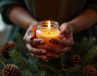Hands hold a lit candle surrounded by pine branches