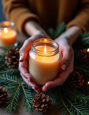 Hands holding a lit candle surrounded by pine branches