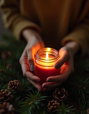 Hands hold a lit candle surrounded by pine branches