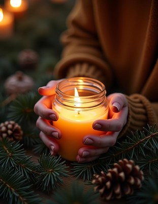 Hands hold a lit candle surrounded by pine branches