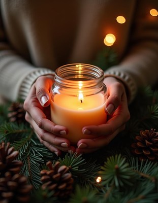 Hands hold a lit candle near pine branches