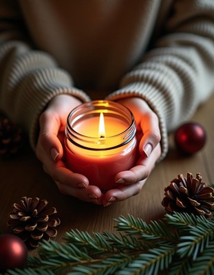 Hands with a candle, framed by pine and ornaments