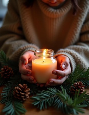 Hands hold a lit candle surrounded by pine branches