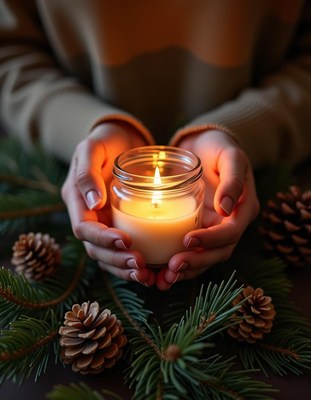 Hands holding a lit candle surrounded by pine branches